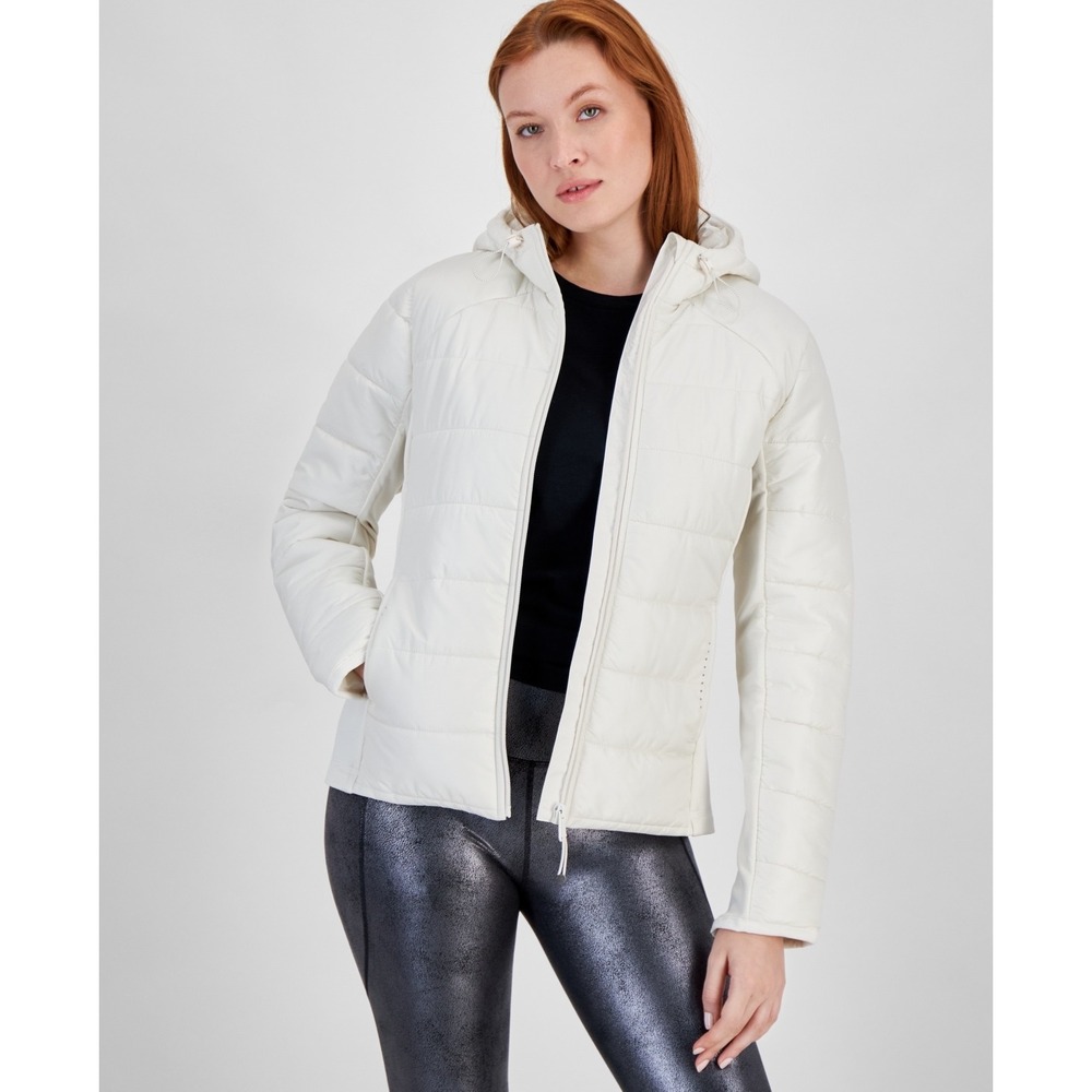 Ideology Womens Hooded Puffer Jacket White Quilted Full Zip Active Coat Medium